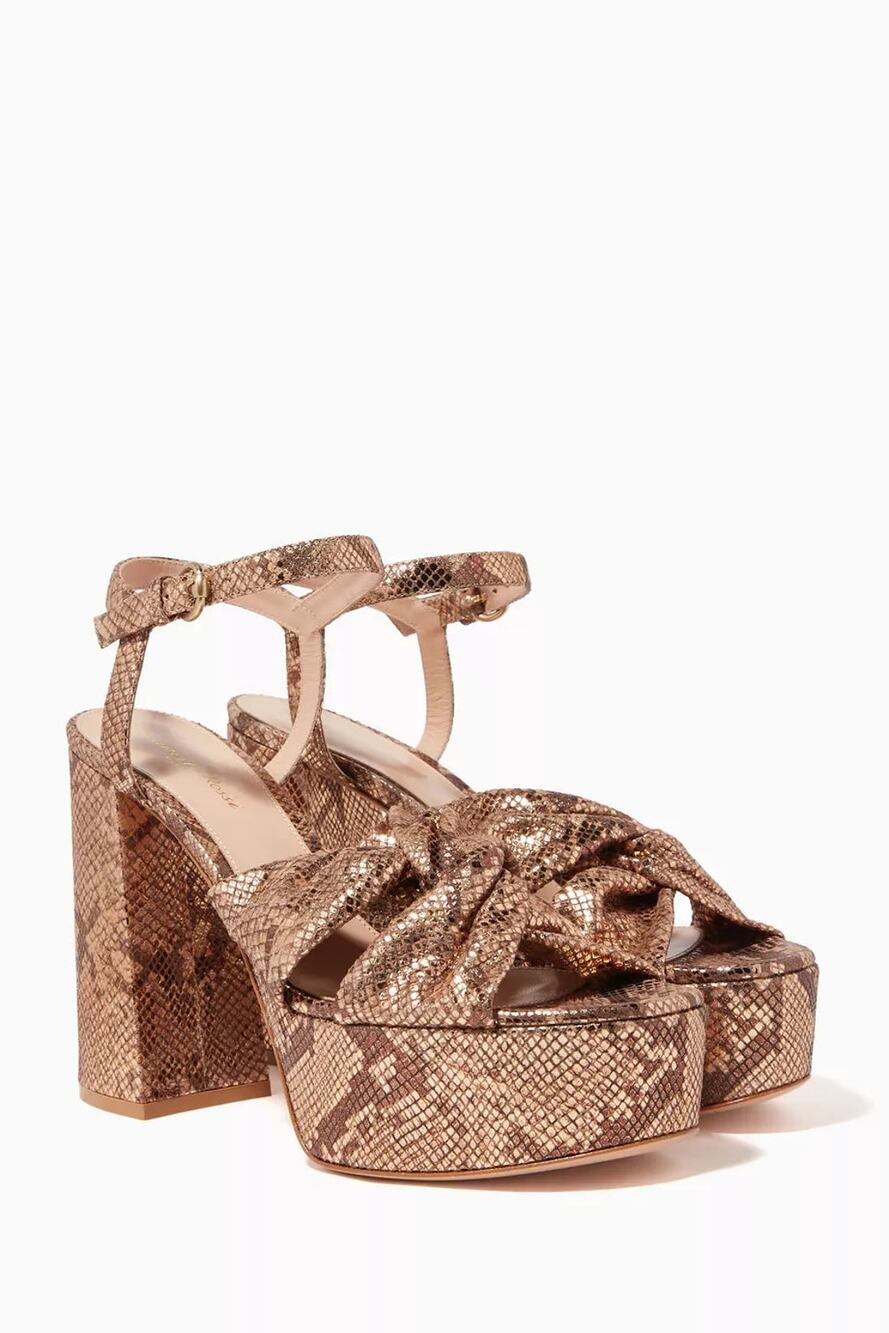 Gianvito Rossi Dallas Snakeskin Block Heel Platform Sandals Brown Gold EU 38.5